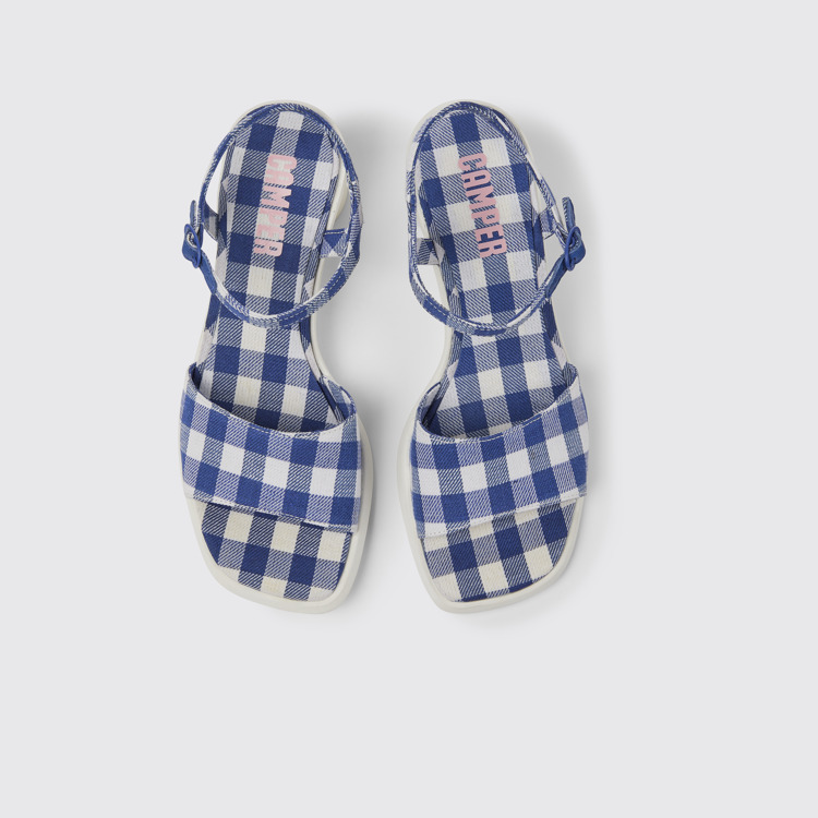 Overhead view of Meda Blue and white recycled cotton sandals for women