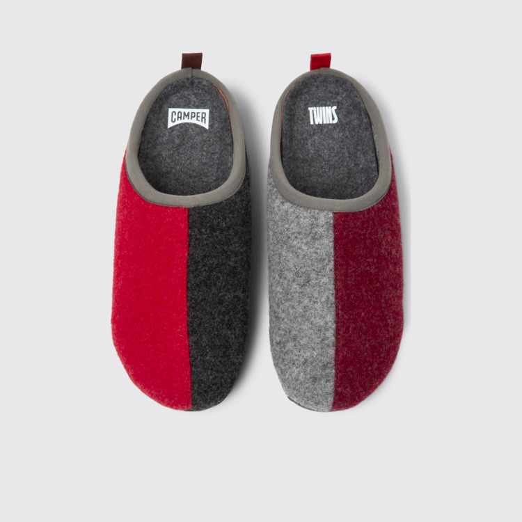 Overhead view of Twins Gray, red, and burgundy wool slippers for women