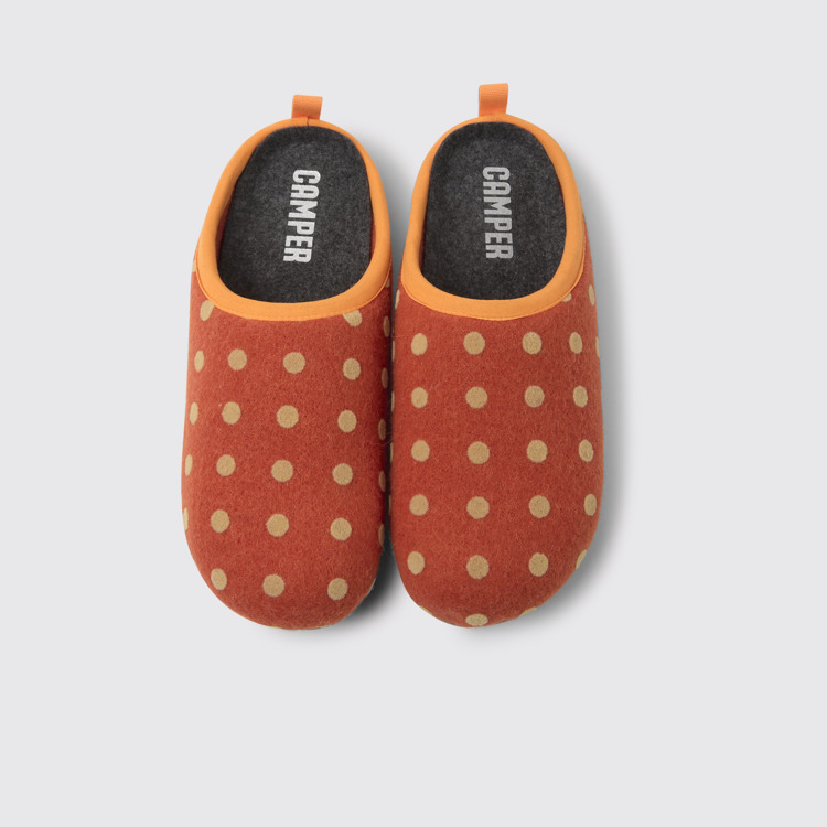 Overhead view of Wabi Orange and brown wool women's slippers