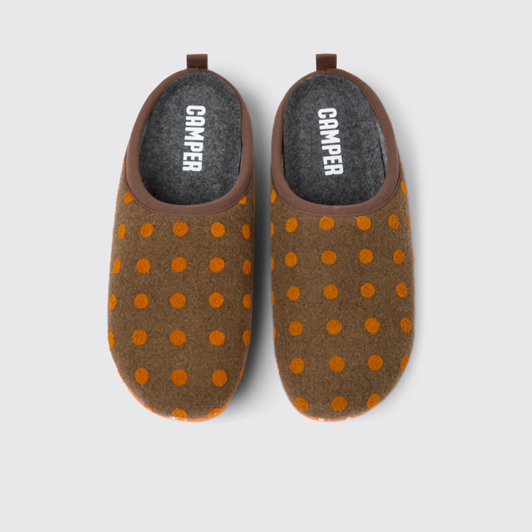 Overhead view of Wabi Brown and orange wool slippers for women