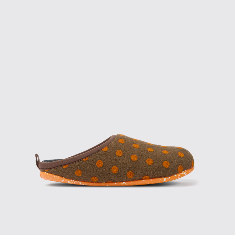 Side view of Wabi Brown and orange wool slippers for women