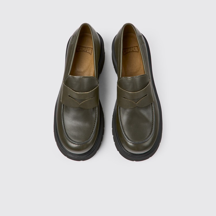 Overhead view of Milah Green leather loafers for women