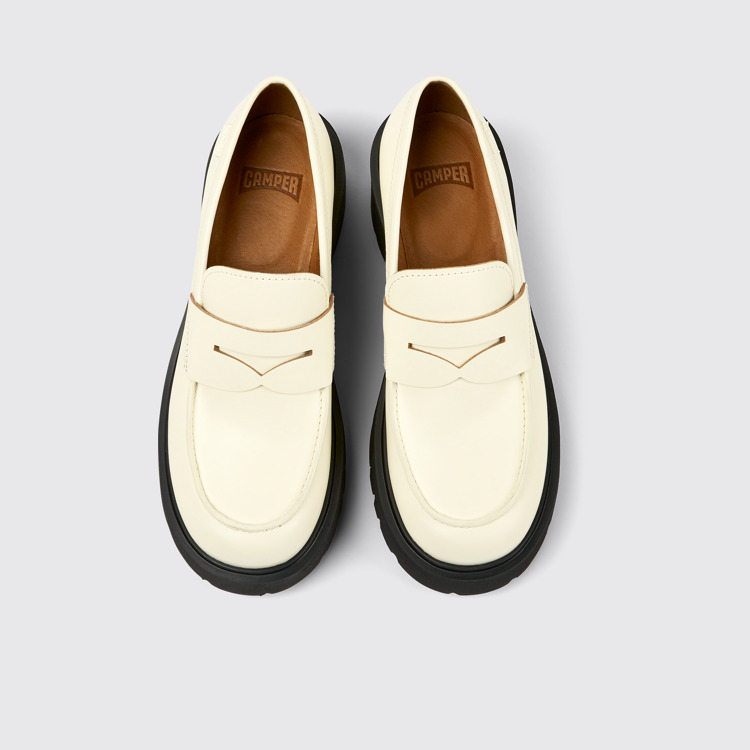 Overhead view of Milah White leather loafers for women