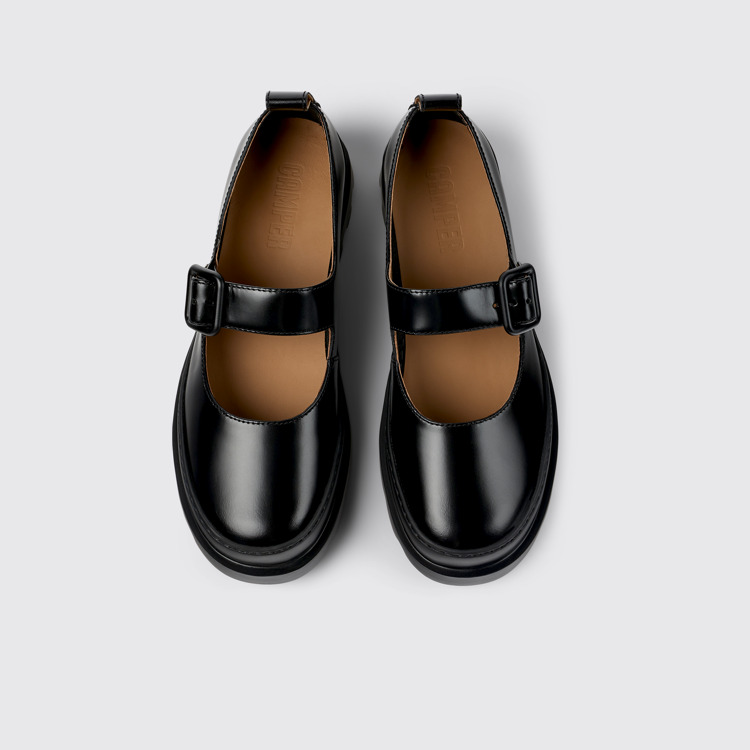 Overhead view of Brutus Black leather Mary Jane flats for women