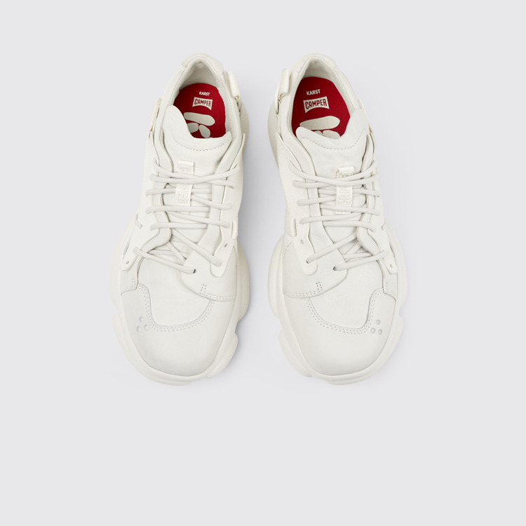 Overhead view of Karst White non-dyed leather sneakers for women