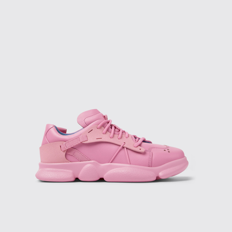 Side view of Karst Pink leather and textile sneakers for women