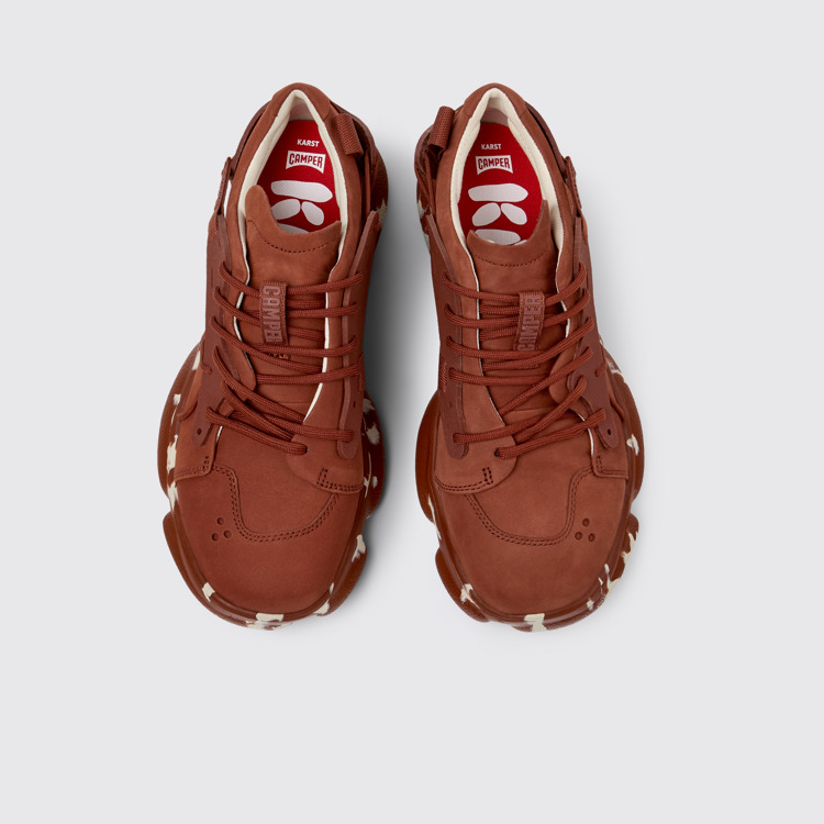 Overhead view of Karst Red nubuck and textile sneakers for women