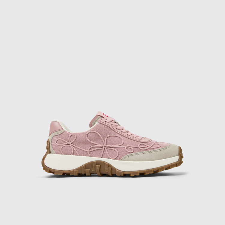 Side view of Drift Trail VIBRAM Pink textile and nubuck sneakers for women