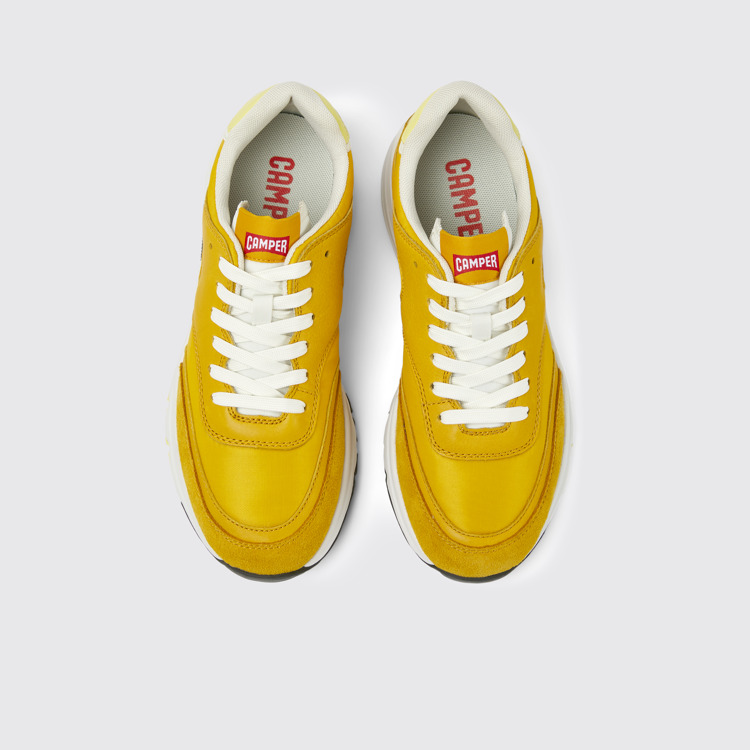 Overhead view of Drift Yellow textile and leather sneakers for women