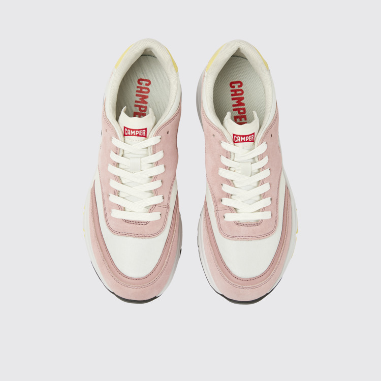 Overhead view of Drift White and pink textile and nubuck sneakers for women