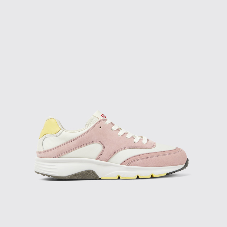 Side view of Drift White and pink textile and nubuck sneakers for women