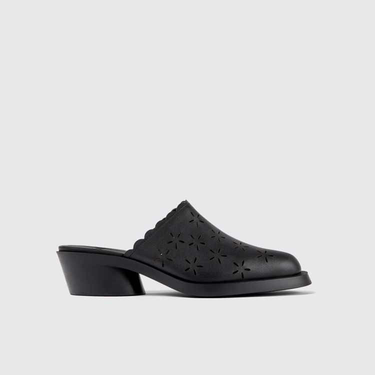 Side view of Bonnie Black leather mules for women