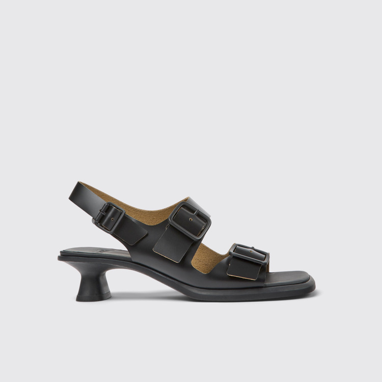 Side view of Dina Black leather sandals for women