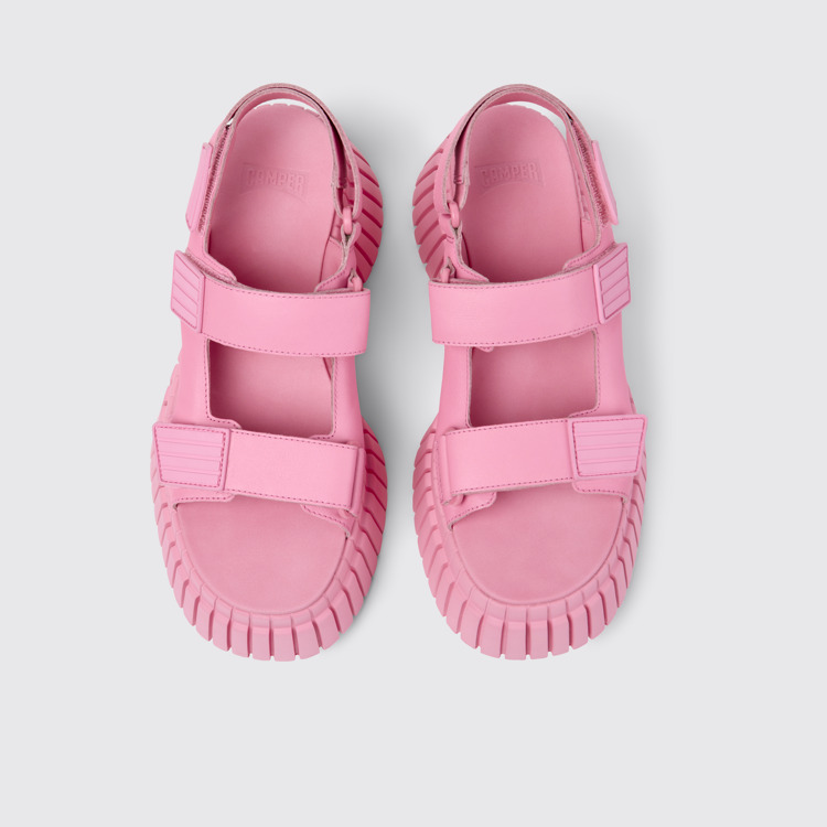 Overhead view of BCN Pink leather sandals for women