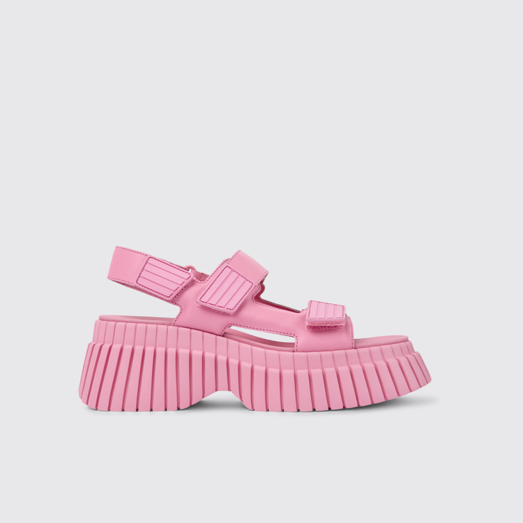 Side view of BCN Pink leather sandals for women