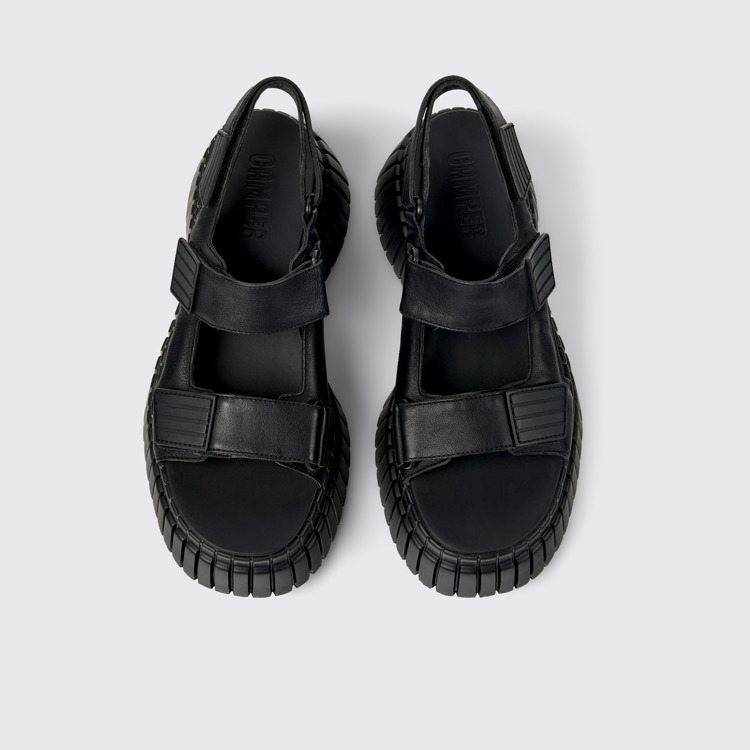 Overhead view of BCN Black Leather Sandal for Women.