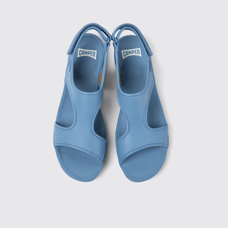 Overhead view of Right Blue leather sandals for women