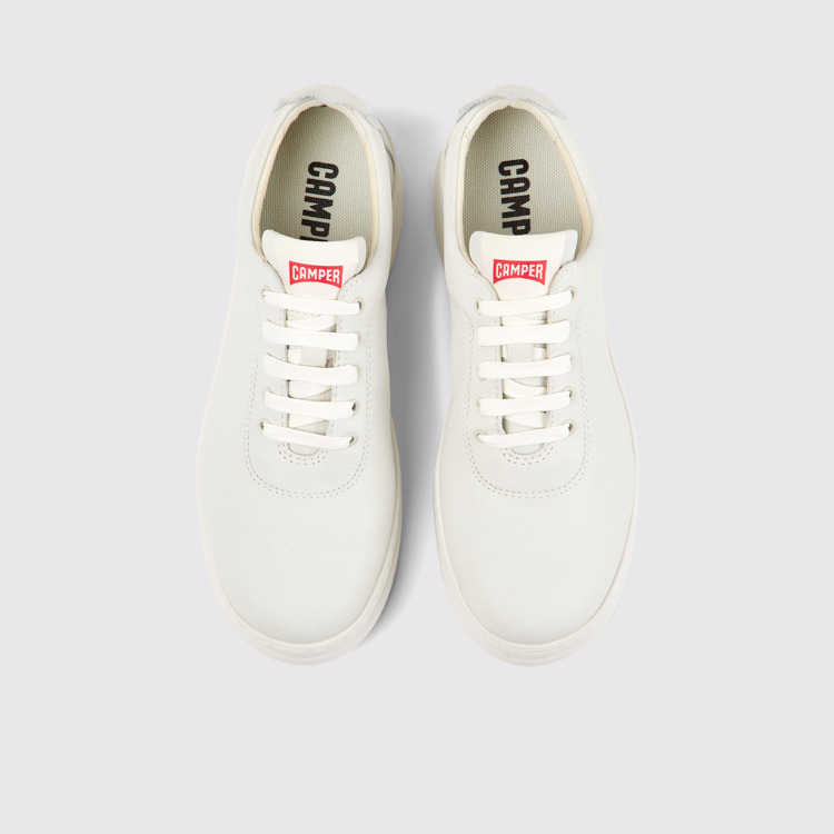 Overhead view of Runner Up White non-dyed leather sneakers for women