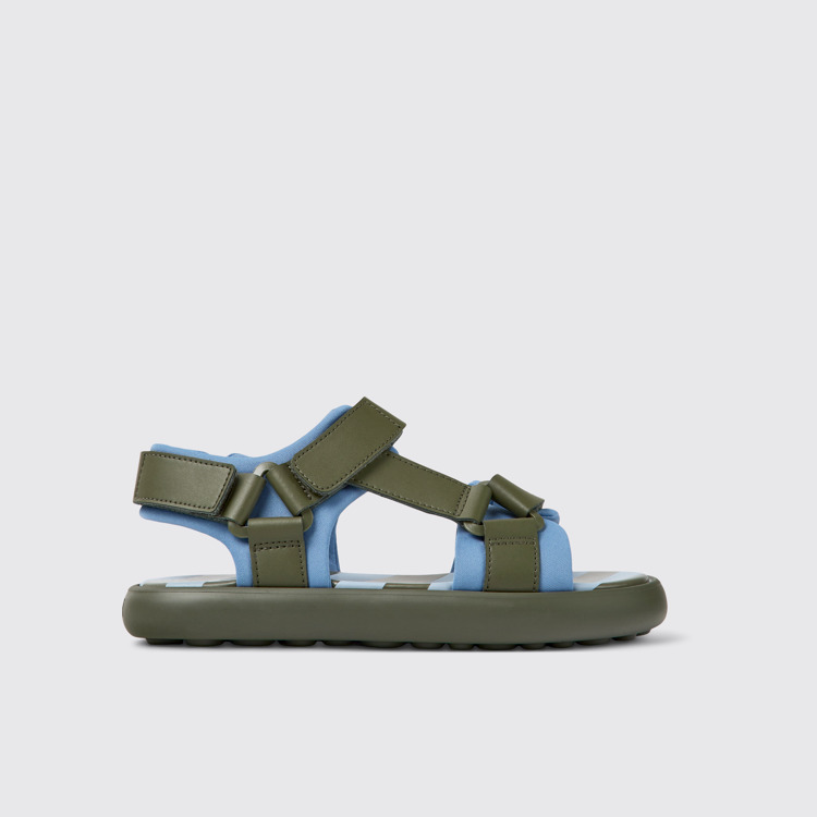 Side view of Pelotas Flota Green and blue leather and textile sandals for women