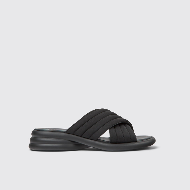 Side view of Spiro Black textile sandals for women