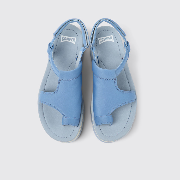 Overhead view of Oruga Up Blue textile sandals for women