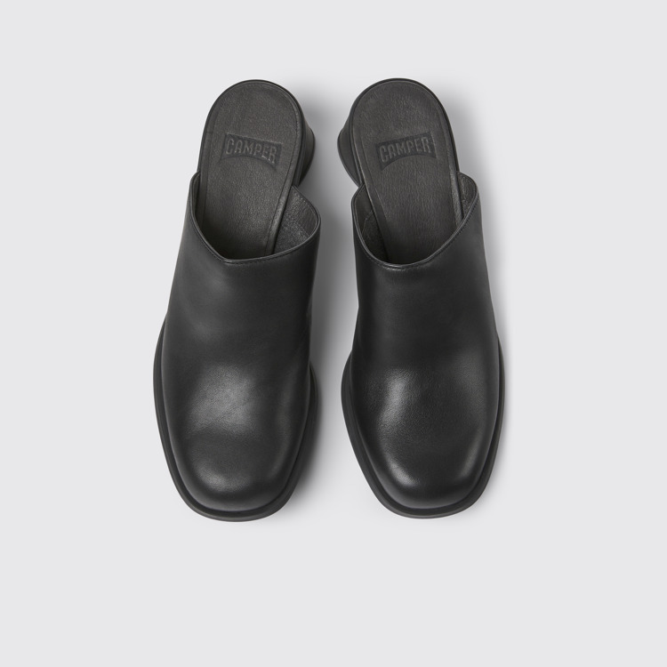 Overhead view of Kiara Black leather mules for women