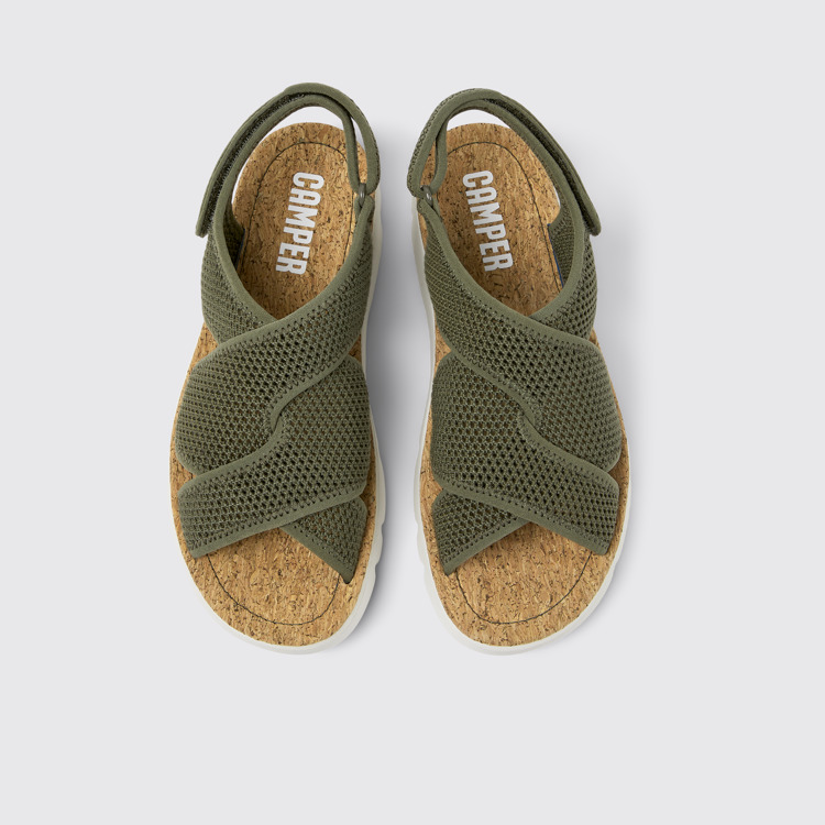 Overhead view of Oruga Green textile sandals for women