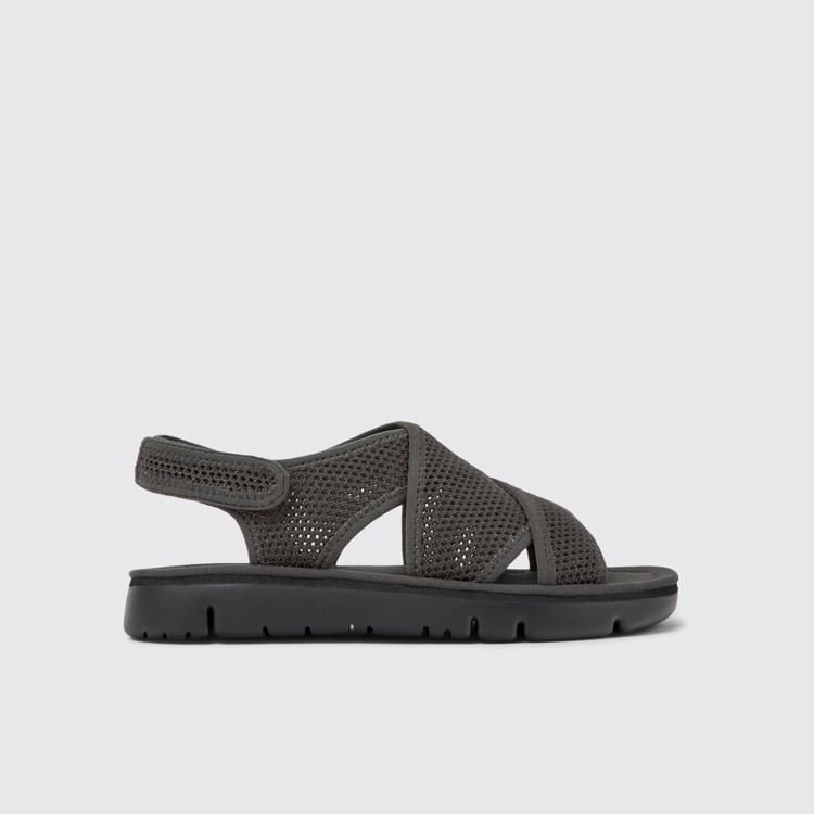 Side view of Oruga Dark gray textile sandals for women