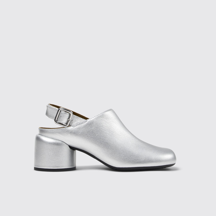 Side view of Niki Silver Leather Semi-Open Shoes for Women.