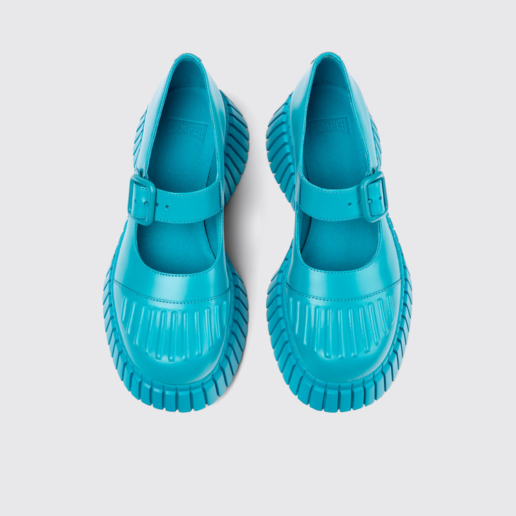 Overhead view of BCN Blue leather shoes for women