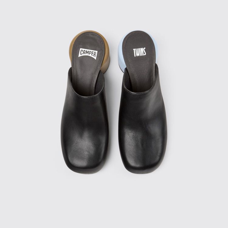 Overhead view of Twins Black Leather Clogs for Women