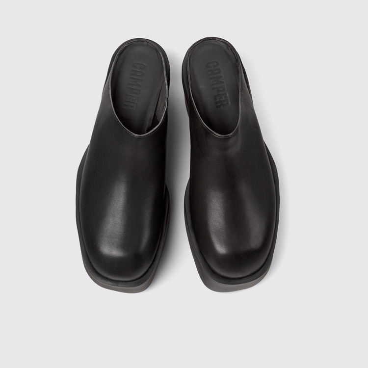 Overhead view of Billie Black leather clogs for women