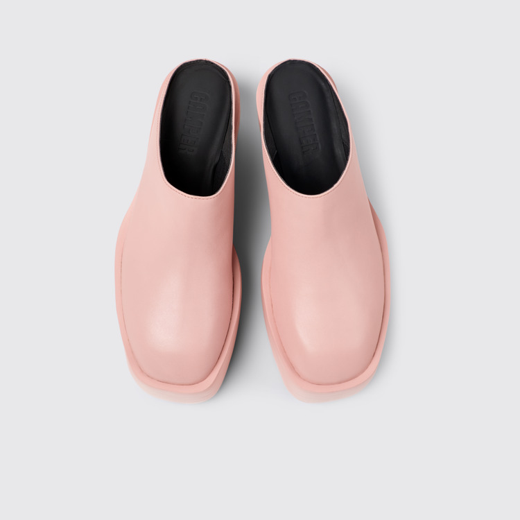 Overhead view of Billie Pink leather clogs for women