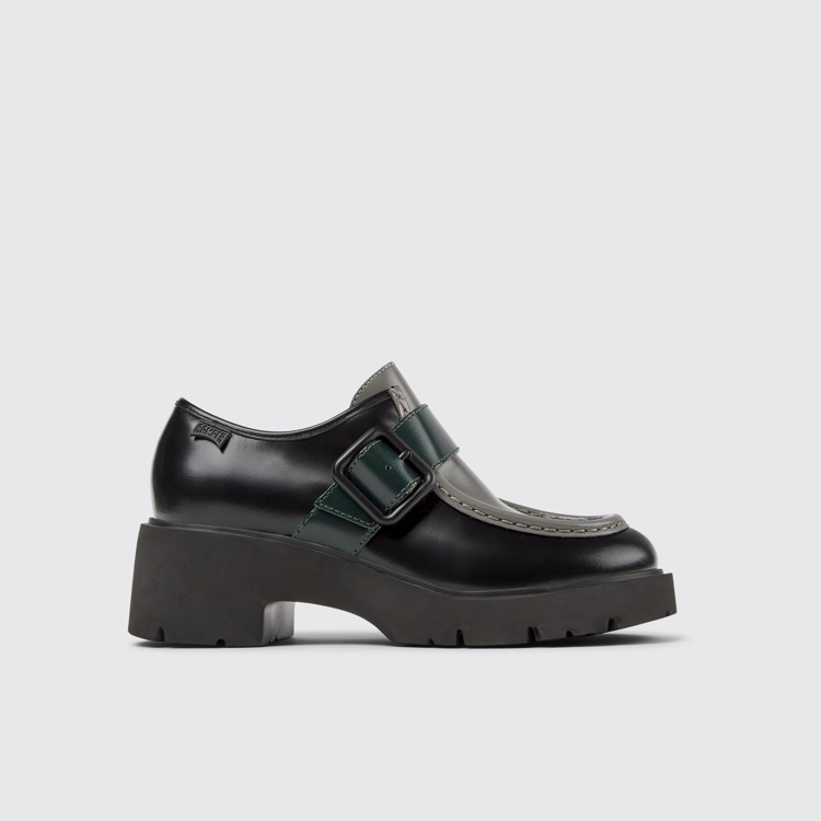 Side view of Twins Black and gray leather loafers for women