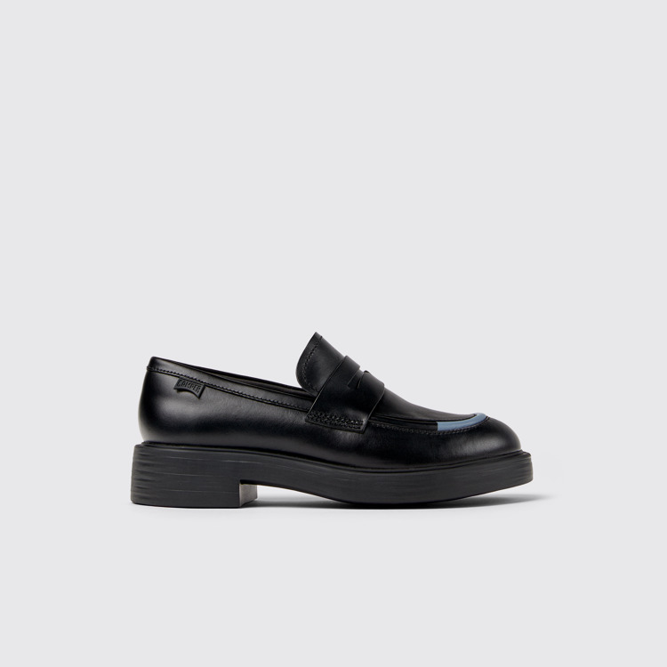 Side view of Twins Black leather loafers for women