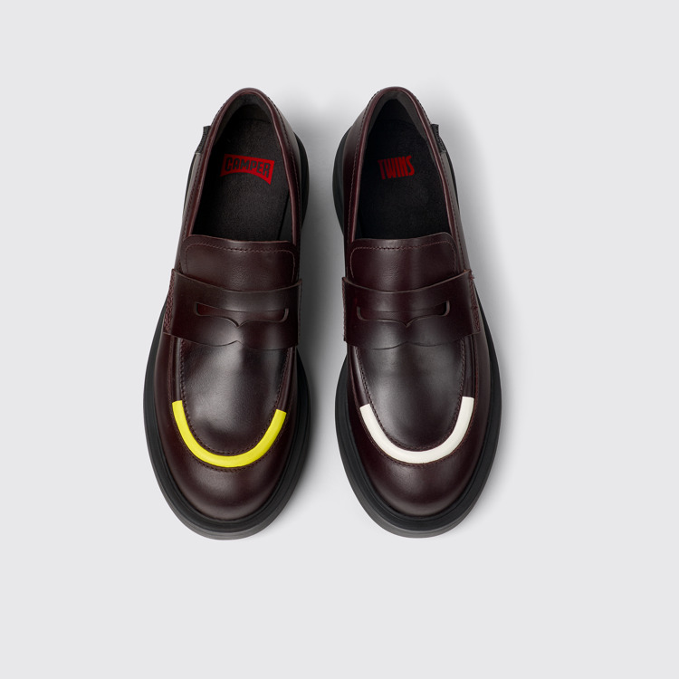 Overhead view of Twins Burgundy leather loafers for women