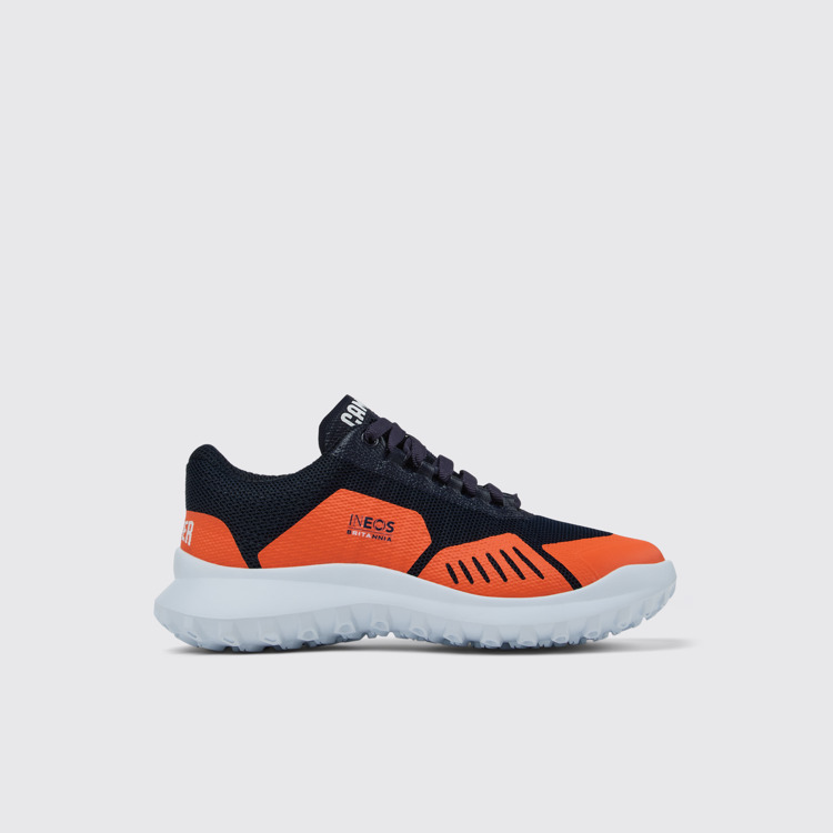 Side view of Camper x INEOS Britannia Blue and Orange Textile Sneakers for Women