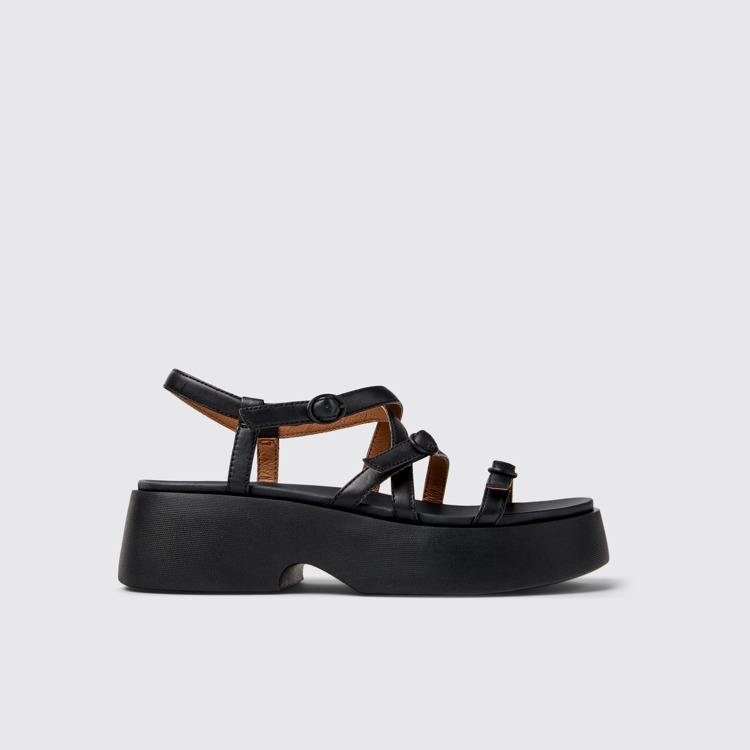 Tasha Black Leather Sandals for Women. modelin yandan görünümü