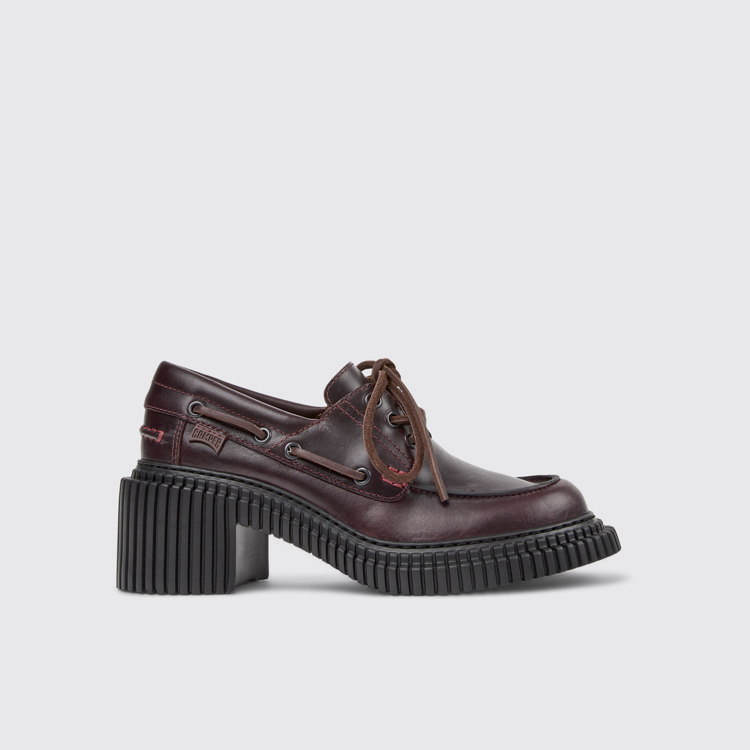 Side view of Pix London Burgundy Leather Moccasin Shoes for Women.