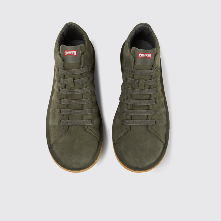 Overhead view of Beetle Green nubuck sneakers