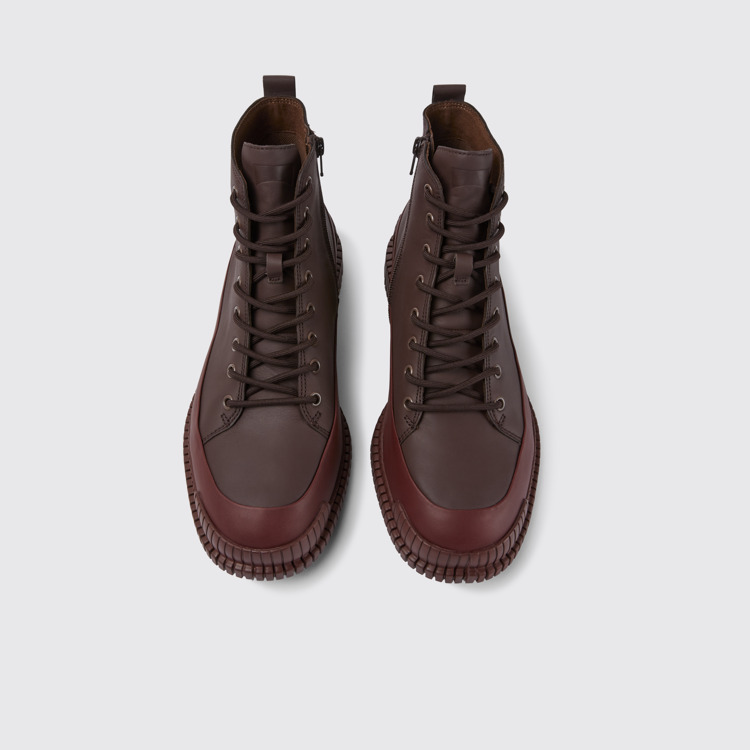 Overhead view of Pix Burgundy lace-up leather boots