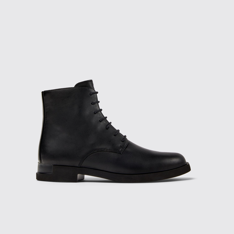 Side view of Iman Black leather lace-up boots for women