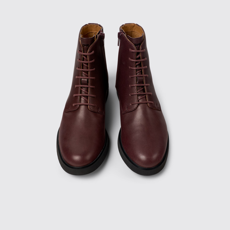 Overhead view of Iman Burgundy leather lace-up boots for women