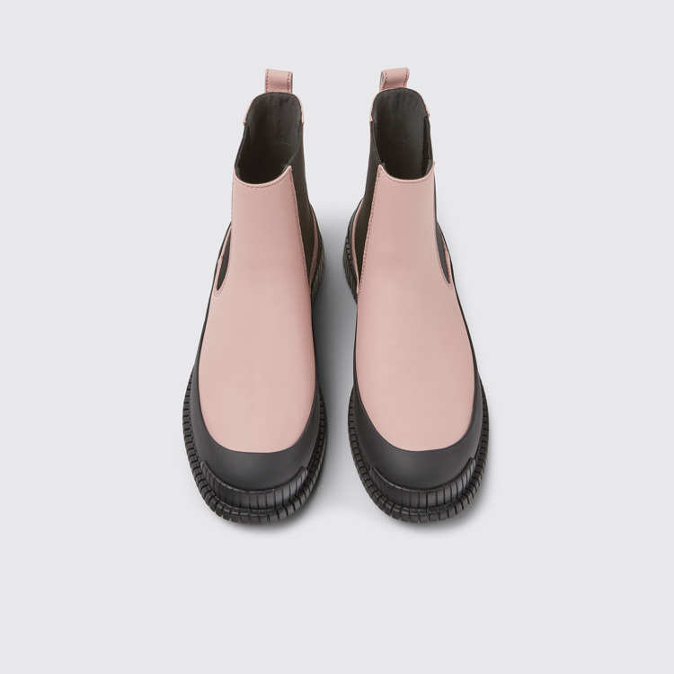 Overhead view of Pix Pink and black leather Chelsea boots for women