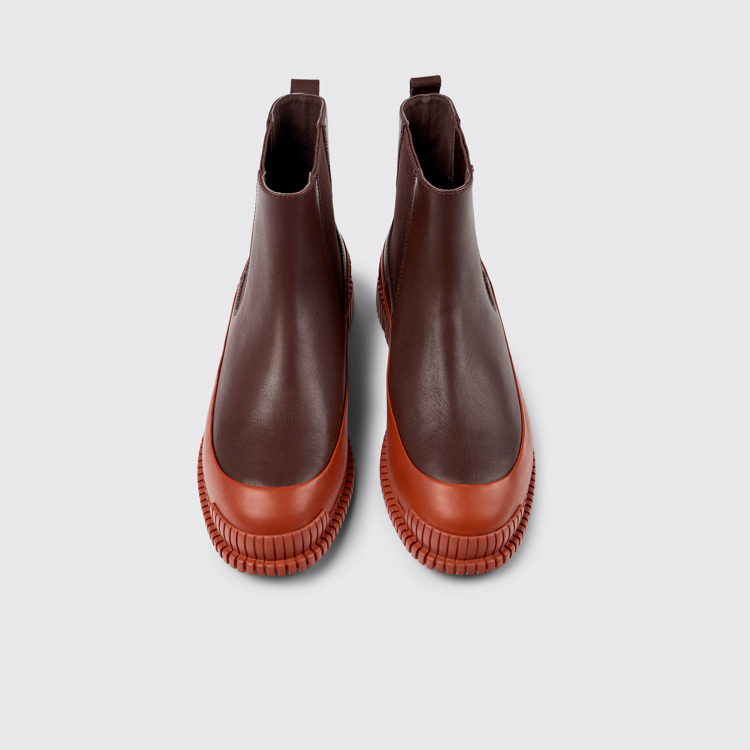 Overhead view of Pix Red and brown leather Chelsea boots for women