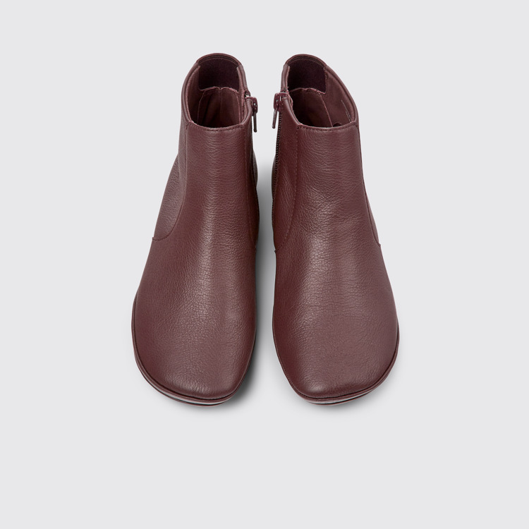 Overhead view of Right Burgundy leather ankle boots for women