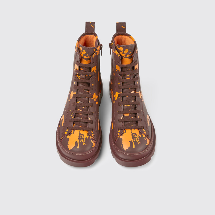 Overhead view of Brutus Burgundy and orange printed leather ankle boots for women