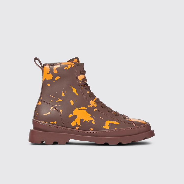 Side view of Brutus Burgundy and orange printed leather ankle boots for women