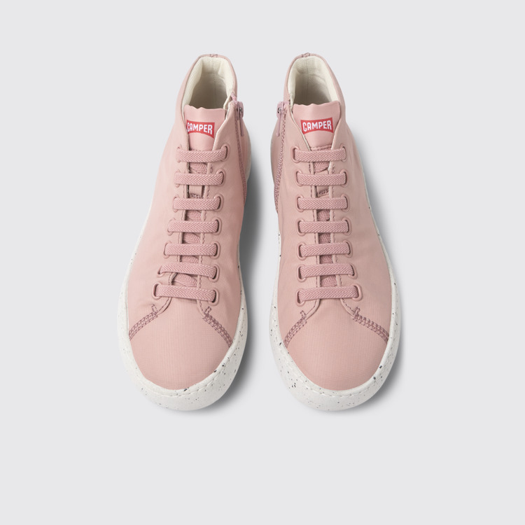 Overhead view of Peu Touring Pink recycled PET sneakers for women