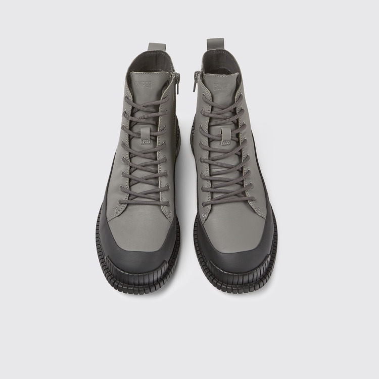 Overhead view of Pix Gray and black leather lace-up boots for women